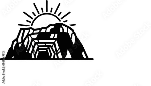 Stylized sun rising over a mountain with a mine shaft entrance