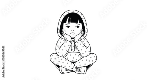 Lonely and sad young girl sitting cross-legged wearing a polka dot hoodie with a melancholy expression on her face.