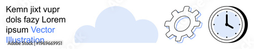 Cloud computing, technology automation, time management, digital optimization, process workflow, data storage. A blue cloud, gear and clock. Cloud computing and time management concepts