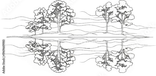 Stylized trees reflected in serene, wavy water