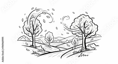 Stylized trees with swirling branches and falling leaves in a hilly landscape