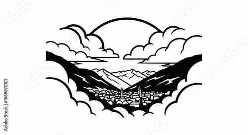 Stylized village nestled in mountains under clouds and arch