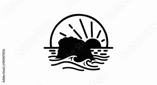 Stylized sunrise behind a rocky island with waves crashing below