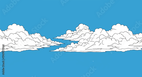 Stylized white clouds drift across a vibrant blue sky