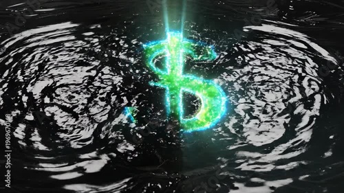 Glowing dollar sign emerges from dark water, creating ripples and reflections, showcasing a vibrant green and blue color scheme in a visually striking underwater scene