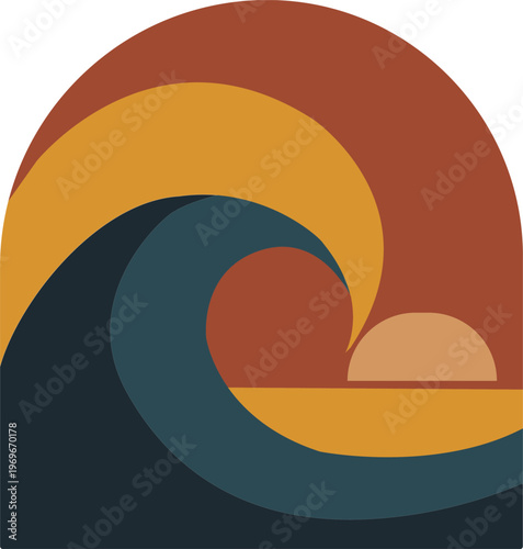 Abstract Sunset Over Ocean Waves In Warm Retro Colors Illustration