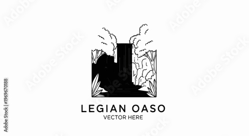 Stylized waterfall with lush foliage framed in a rectangle