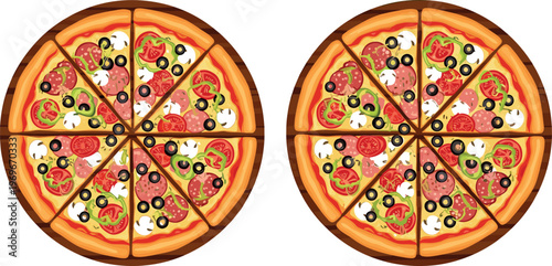Italian Pizza Icon Set Featuring Pizza Slices, Full Pizzas, and a Wooden Pizza Logo with Various Toppings