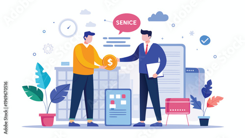 Business people exchange money in an office setting with plants and digital elements around them