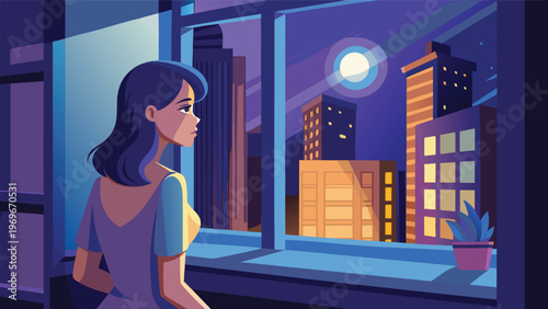 Woman looks out window at city skyline during night while moon shines bright