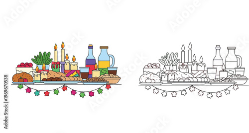 Festive Holiday Dinner Table with Roast Turkey, Bread, Drinks, and Candles; Color and Line Art Illustration Set for Coloring Book, Party Celebration, and Seasonal Greeting Card Decoration.