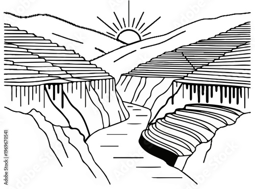 Sun rises over a majestic canyon with a winding river below