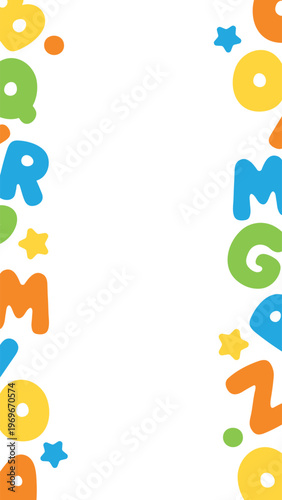 Colorful and playful English alphabet border frame background in a vertical layout, perfect for kids’ projects, back-to-school themes and educational presentations.