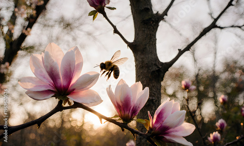 Wallpaper Mural Bee hovering near blooming magnolia flowers during sunset   Torontodigital.ca