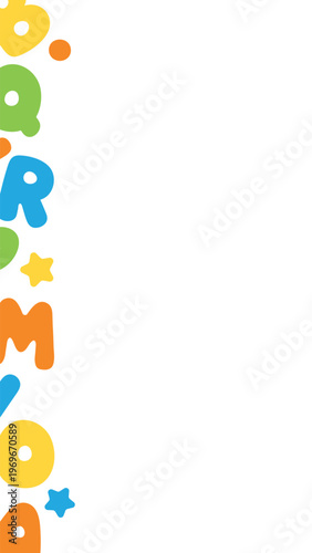 Colorful and playful English alphabet border frame background in a vertical layout, perfect for kids’ projects, back-to-school themes and educational presentations.