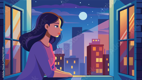 Woman looks out of window at city skyline under moonlight during night time