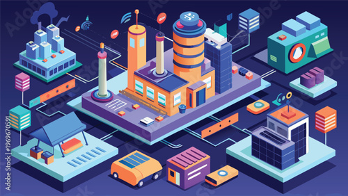 Factory complex with buildings and transportation systems focused on technology and industry in a modern setting