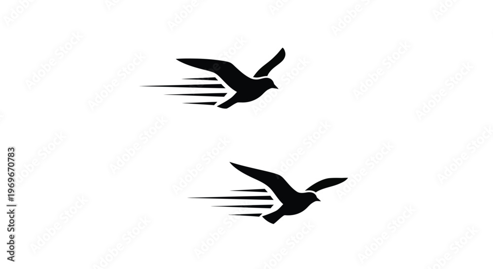 Fototapeta premium Two birds in flight with speed lines on transparent background silhouette