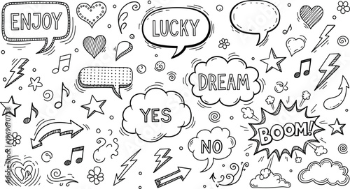 Hand drawn doodle speech bubbles set vector illustration featuring words enjoy lucky dream yes no boom with comic elements