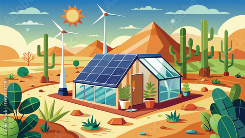 Solar greenhouse surrounded by cacti and wind turbines in a desert landscape during daytime with clear sky