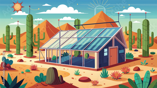 Colorful greenhouse in a desert landscape with cacti and mountains during daytime