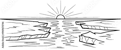 Sunrise over a fractured icy sea with reflections on the water's surface