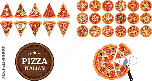 Italian Pizza Icon Set Featuring Pizza Slices, Full Pizzas, and a Wooden Pizza Logo with Various Toppings