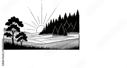 Sunrise over a rural landscape with fields, trees, and forest