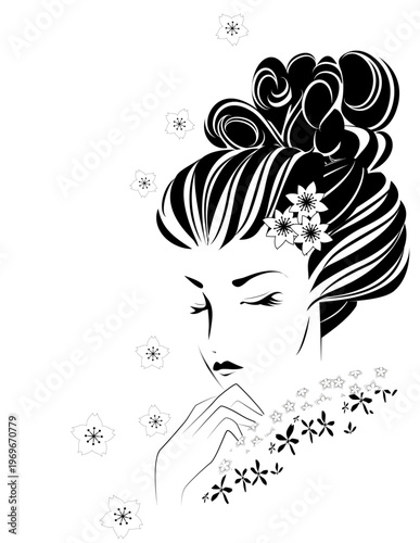 女性の顔、日本髪、着物