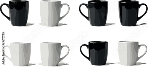 Minimalist Set of Black and White Mugs with Gradient Effects, Perfect for Coffee, Tea, and Kitchenware Graphic Designs