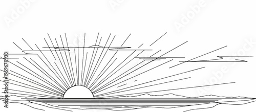 Sunrise over the ocean with rays of light and distant mountains