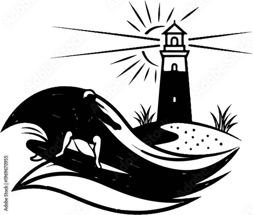 Surfer rides wave by lighthouse under radiant sun