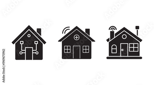Smart home technology and wireless network icons  modern house symbols with circuit board and WiFi signals