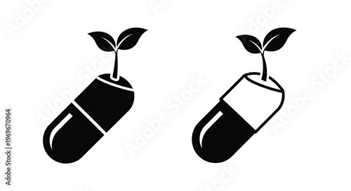 Two capsule sprouts represent growth and health on transparent background silhouette