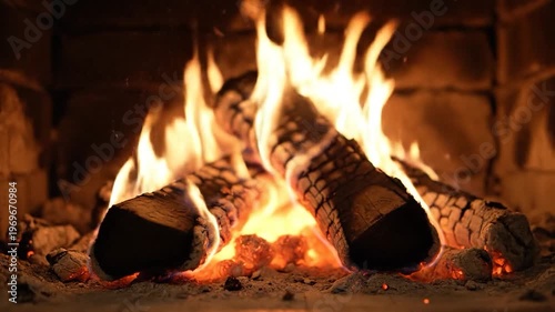 Cozy fireplace with burning logs and flames providing warmth and comfort