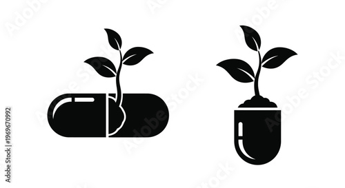 Two sprouting plants emerging from capsules on transparent background silhouette