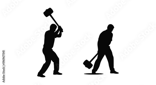 Two construction workers with hammers black silhouette on transparent background