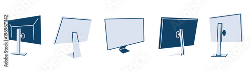 PC monitor icon set, minimalist vector illustration of computer screens in various angles. Desktop display clipart collection, flat cartoon office and tech equipment icons, isolated colored clipart