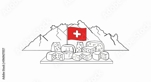 Swiss flag with cheese assortment against a mountain backdrop