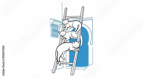 Three white cats are lounging on a wooden ladder against an arched doorway