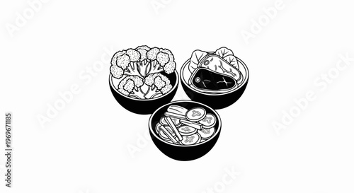 Three bowls of food broccoli, steak and salad, and sliced vegetables