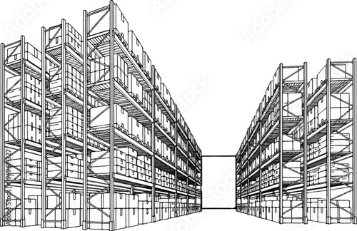 Tall shelves filled with boxes stand in a warehouse aisle