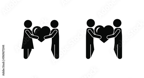Two pairs of people embracing and holding a heart on transparent background silhouette