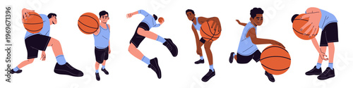 Flat vector set of basketball players in different poses performing dribbling, holding, and movement actions. Ideal for sports concepts, training, competition, active lifestyle, and recreational