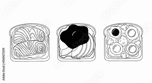 Three distinct toasts, featuring salmon, avocado with egg, and scrambled eggs