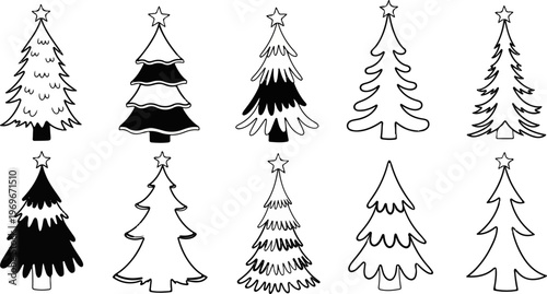 Ten stylized black and white Christmas trees with stars atop