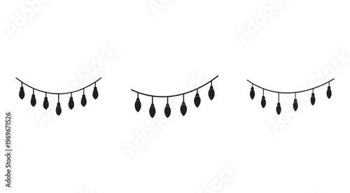 String lights with bulbs hanging on curved lines in a row on white background