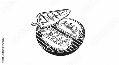 Three halved chili peppers grilling on a circular grate with stripes