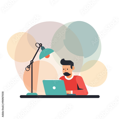 Man working on laptop at desk with desk lamp and colorful abstract background