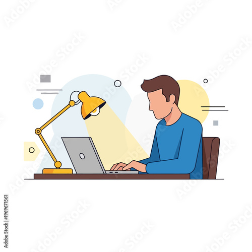 Man working on laptop at desk with desk lamp, focused on screen